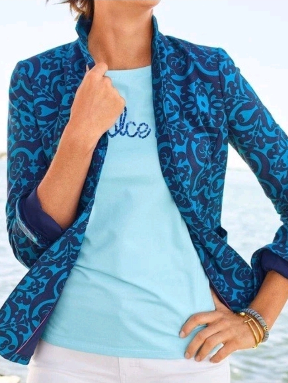 NWT Talbots Teal & Navy Patterned Blazer Sz 16P